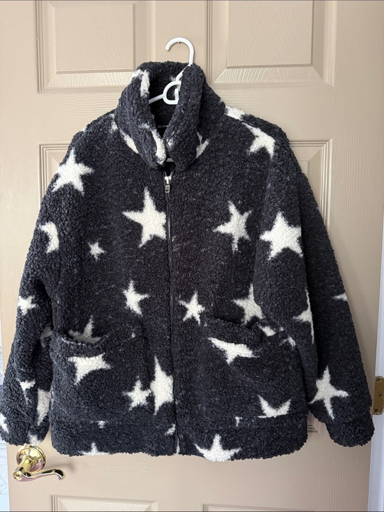 Olivaceous Jackets & Blazers - Olivaceous Black Teddy Jacket with White Star Pattern